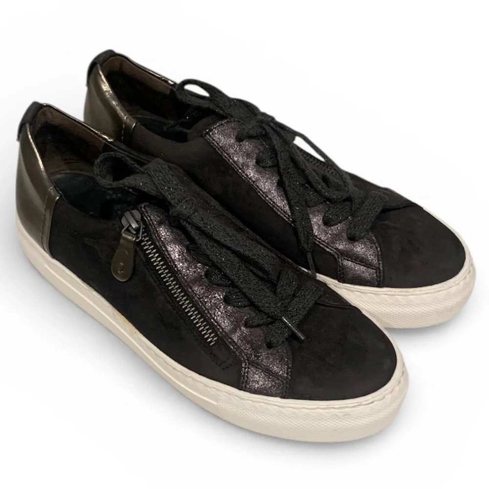 Paul Green Toby Leather Lace-Up Sneakers Side Zip Charcoal Slate Shoes US 7.5 - Picture 2 of 8